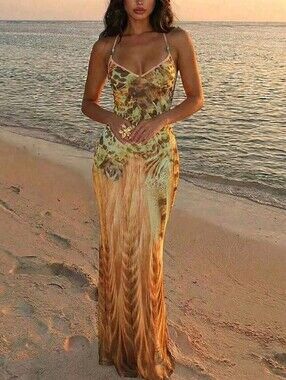 Women's Spaghetti Strap Beaded Decor Leopard Print Fitted Dress,Summer